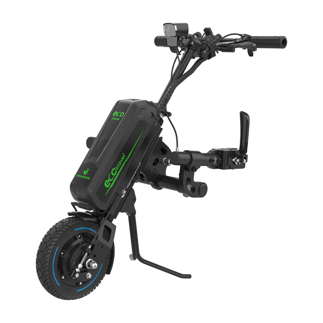 The Rehasense ECO Travel LX Power Add-On – Lightweight Wheelchair Motor Assist is a black and green device with handlebars, a large battery, and a single tire that converts a manual wheelchair into a motorized one.
